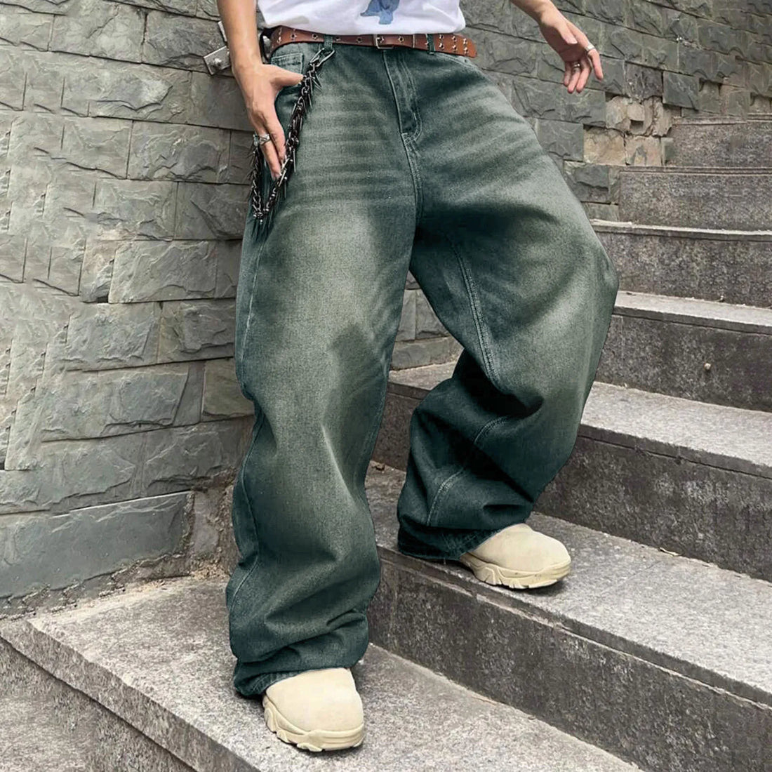 Men'S Hip Hop Jeans Wide Leg Skater Denim Pants Casual Straight Oversize