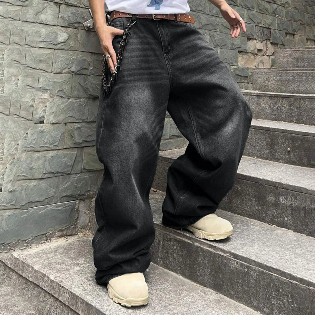 Men'S Hip Hop Jeans Wide Leg Skater Denim Pants Casual Straight Oversize