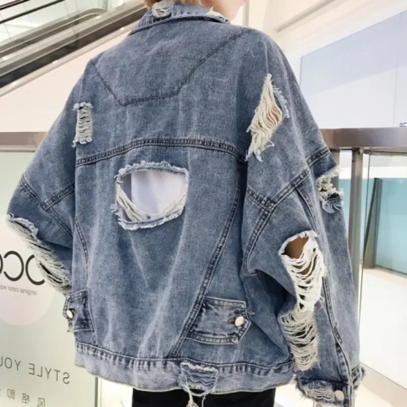 Fashion Blue Ripped Denim Jacket Streetwear Hip Hop Broken Hole Jeans