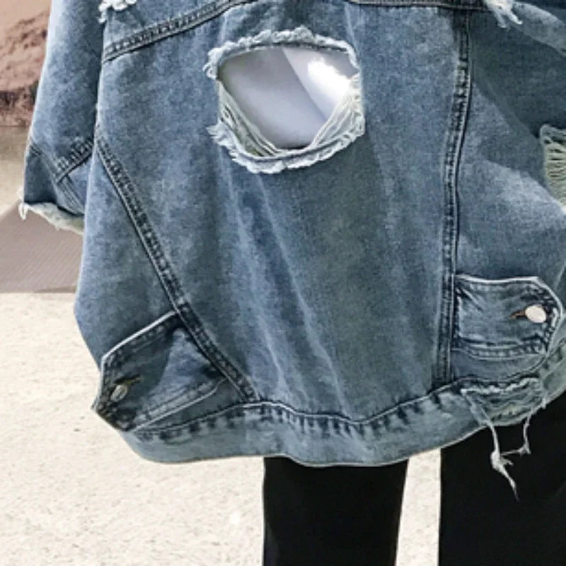 Fashion Blue Ripped Denim Jacket Streetwear Hip Hop Broken Hole Jeans