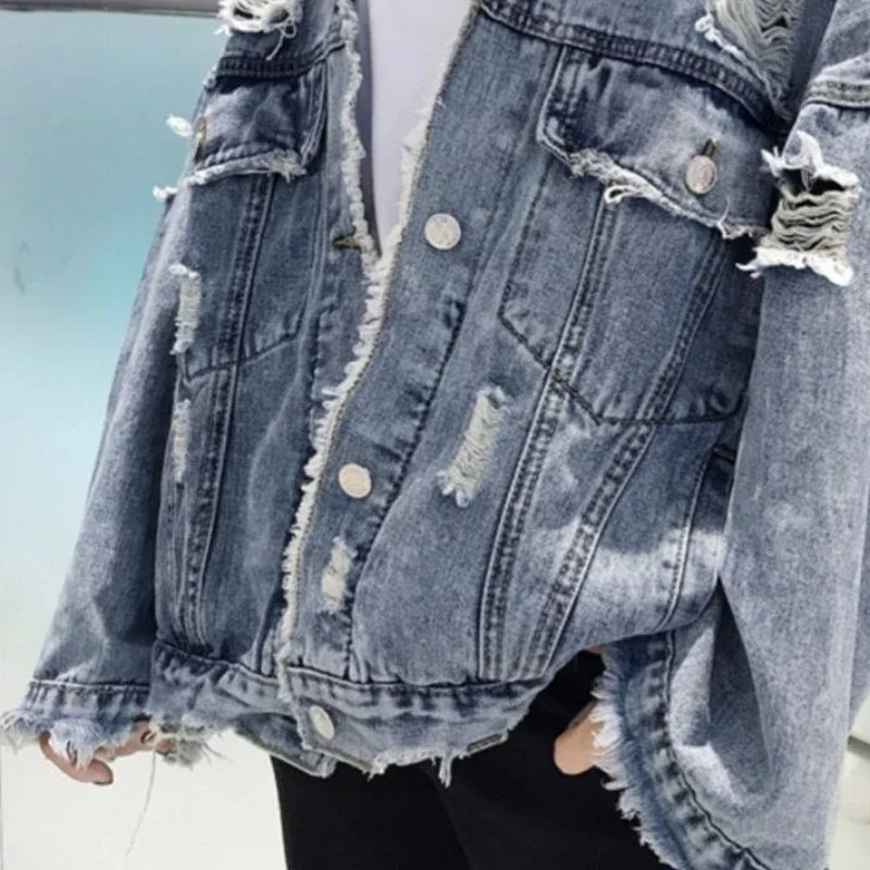 Fashion Blue Ripped Denim Jacket Streetwear Hip Hop Broken Hole Jeans