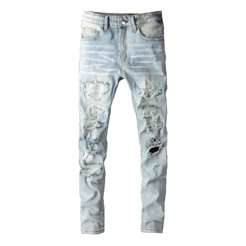Men Crystal Holes Jeans Streetwear Light Blue Denim Slim Skinny Pencil Pants Trousers