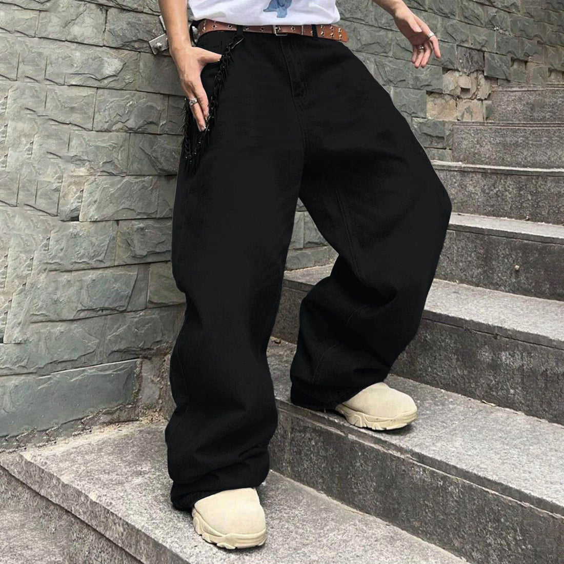 Men'S Hip Hop Jeans Wide Leg Skater Denim Pants Casual Straight Oversize