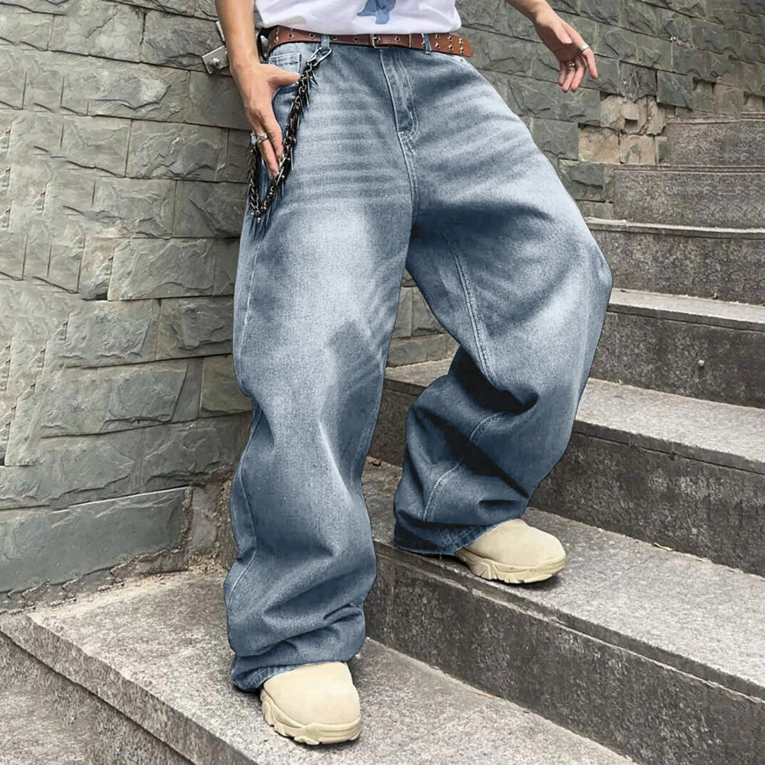 Men'S Hip Hop Jeans Wide Leg Skater Denim Pants Casual Straight Oversize