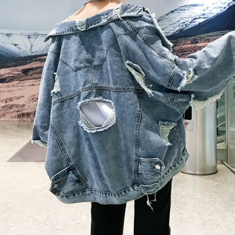 Fashion Blue Ripped Denim Jacket Streetwear Hip Hop Broken Hole Jeans