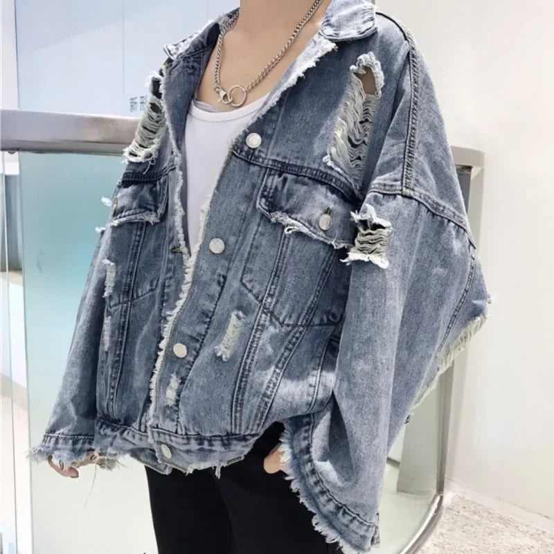 Fashion Blue Ripped Denim Jacket Streetwear Hip Hop Broken Hole Jeans
